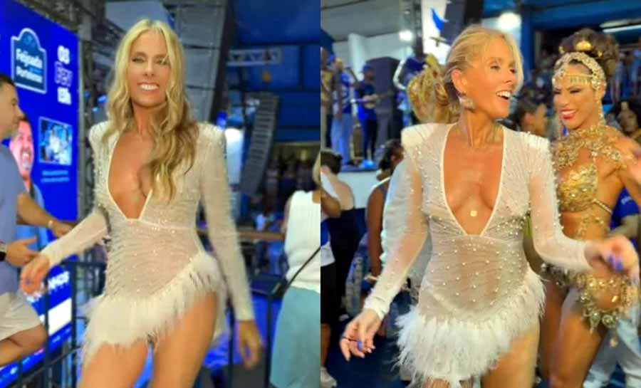Adriane Galisteu samba com look transparente em ensaio da Portela
