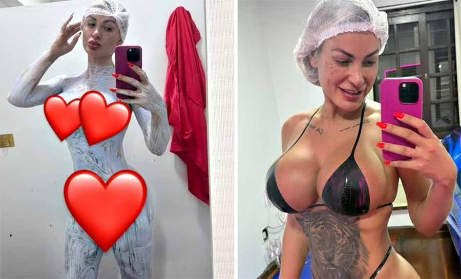 Nua e com biquíni de fita: Andressa Urach descolore pelos e renova bronzeado