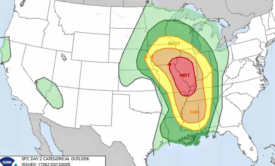 EUA têm alerta para maior tornado no ano e granizo, aponta MetSul