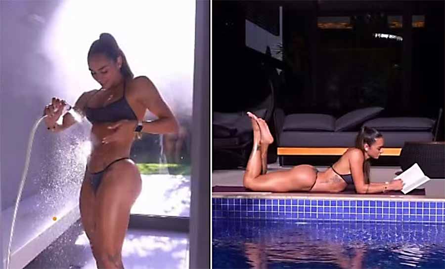 De biquíni, Tainá Militão curte sauna, treina e lê livro