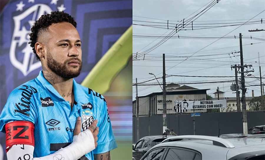 Neymar recebe faixa de apoio após ser alvo de protestos santistas