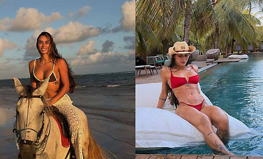 De biquíni, Tainá Militão anda de cavalo e renova bronzeado; veja